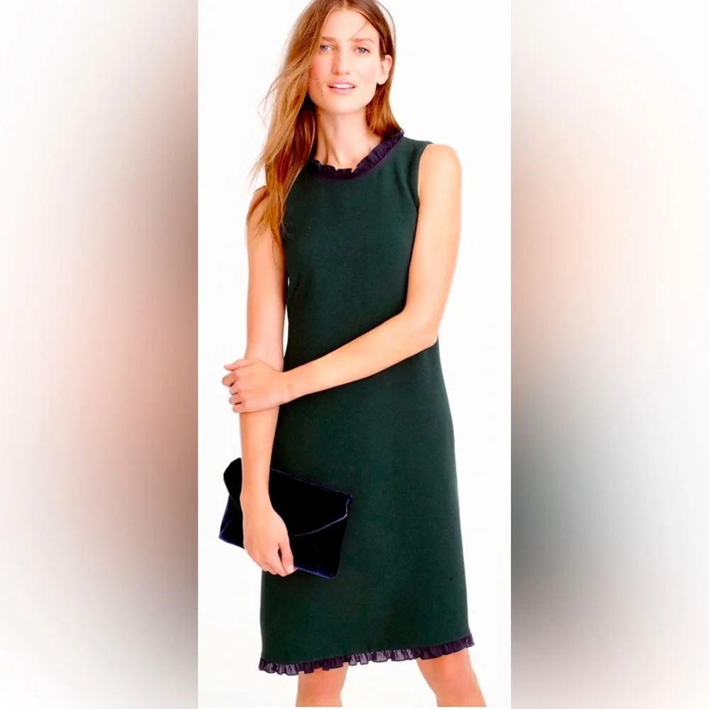 J. Crew Sleeveless Emerald Green Mini Sheath Dress w Navy Ruffles. ZP1